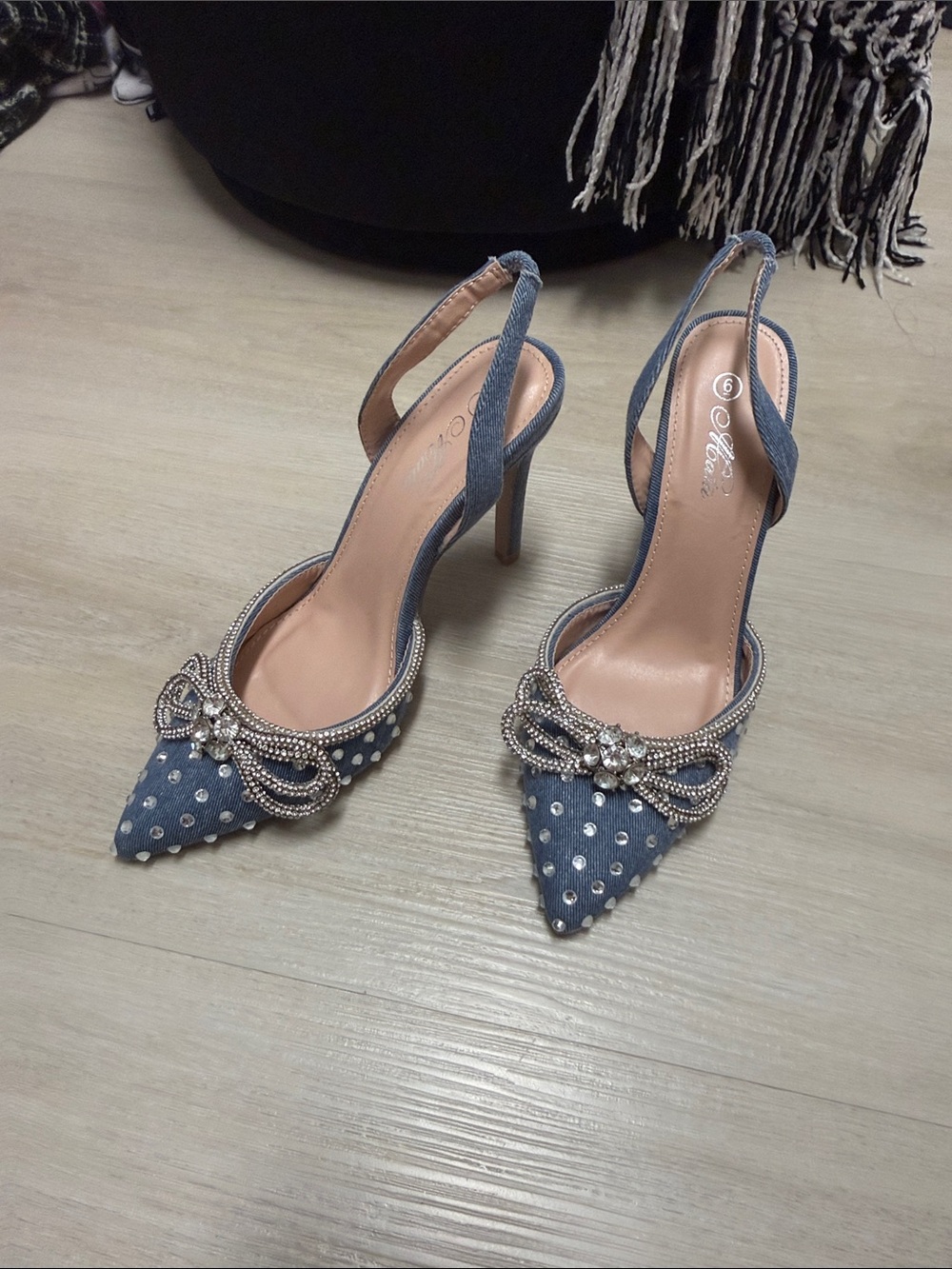 Denim Blue Embellished Slingback Heels